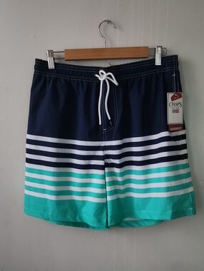 Chaps Men's Navy, Teal & White Striped Swim Shorts
